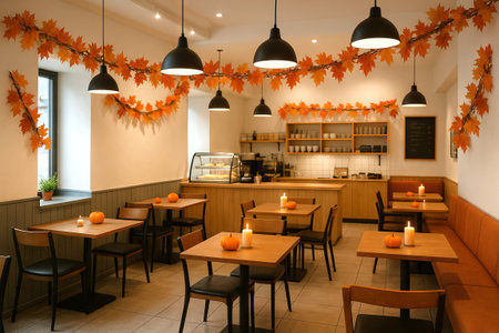 Cozy cafe decorated with autumn leaves and pumpkins for thanksgiving celebration. concept of...