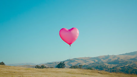Single Pink Heart-Shaped Balloon Rising Against Clear Blue Sky Over Rolling Hills Scenic View....