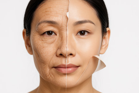 Asian woman facial transformation highlighting anti-aging effects with simple composition. concept...