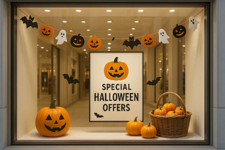 Halloween storefront display featuring pumpkins and decor with special offers. concept of festive window arrangement, halloween shopping, holiday decoration.