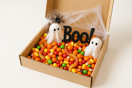 Halloween decor box with candy, ghosts, spider, and worms creating a festive atmosphere. concept of...