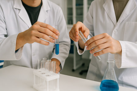 Scientists conducting experiment in laboratory with blue liquid in test tubes wearing white lab...