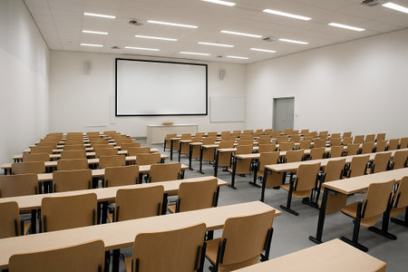 Modern university auditorium with wooden desks and projector screen in bright minimalist design....