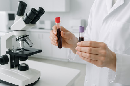 Laboratory blood analysis with microscope and test tubes in clinical setting. concept of medical...