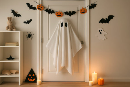 Cute ghost hanging on door with halloween decor and flickering candles. concept of spooky halloween...