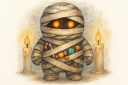 Cute mummy with candies surrounded by candles in watercolor illustration. concept of halloween...
