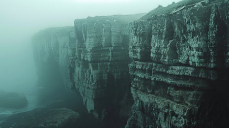 Misty Coastal Cliffside Shrouded in Dense Fog Overlooking Calm Ocean Waters - Concept of Natural...