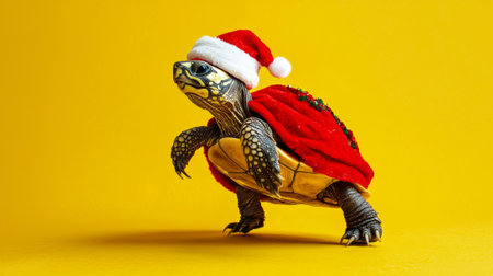 Dancing turtle in santa outfit with red cape on yellow background. concept of festive cheer, quirky...