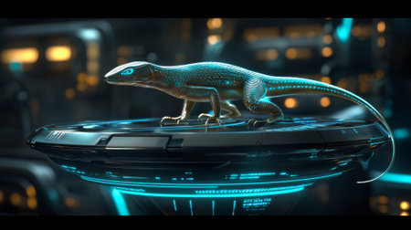 Futuristic lizard with metallic scales on a high-tech platform in a neon-lit environment. concept of science fiction, advanced technology, cybernetic design.の写真素材