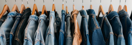 Row of neatly hung jeans on wooden hangers showcasing fashion organization and denim style concepts...