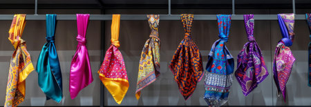 Colorful silk scarves neatly hung on hangers showcasing vibrant patterns and textures in fashion...