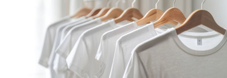 Row of neatly hung white t-shirts on wooden hangers in bright room. concept of organization, fashion, minimalism, copy space , banner.の写真素材