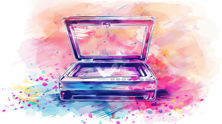 Watercolor illustration of a stylish contemporary scanner with vibrant background in pastel colors....