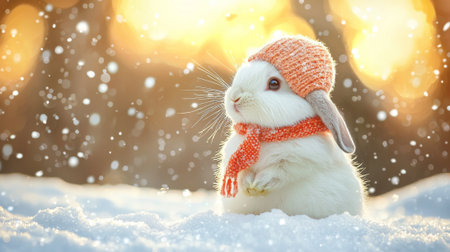 Fluffy white rabbit wearing orange hat and scarf in snowy winter wonderland with sunlit background. concept of cozy winter scene, adorable animal, seasonal warmth, copy space.の写真素材