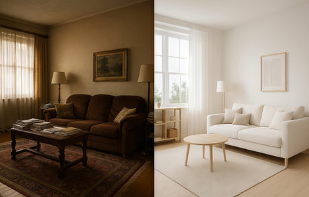 Before and after room renovation showcasing dramatic interior makeover with cozy furniture and...