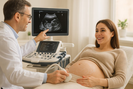 Happy pregnancy ultrasound showing expectant mother and doctor during ultrasound session. concept of prenatal care, medical checkup, and maternity happiness.のeditorial素材