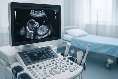 Ultrasound machine showing fetus on monitor screen in hospital room with medical bed. Concept of prenatal diagnostics, pregnancy checkup, fetal development, obstetric ultrasound, maternity care.の写真素材