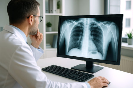 Doctor analyzing chest x ray on computer monitor in medical office for accurate health diagnosis....