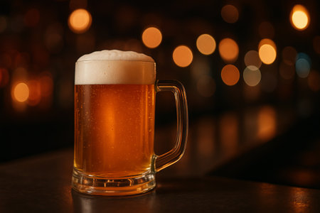 Foamy beer delight with a perfect head in a dimly lit bar illustrating the essence of refreshment and nightlife ambiance.の写真素材