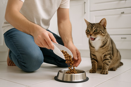 Feeding time for cat with man pouring cat food into bowl in kitchen. concept of pet care, domestic...