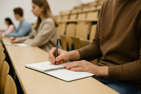 Students taking notes in lecture hall with open notebooks in university classroom setting. concept...
