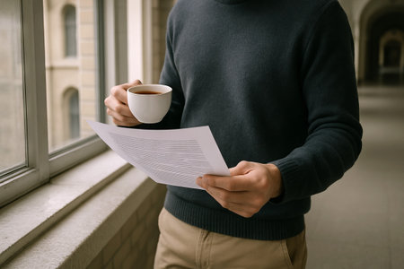 Man holding a document and drinking coffee by a window in a cozy indoor setting. concept of...