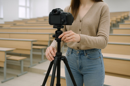 Woman setting up camera on tripod in university lecture hall for photography session. concept of...