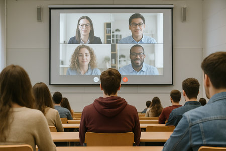 Diverse students attending a lecture in auditorium watching video conference with professors on large screen. concept of modern education, virtual learning, academic environment.の写真素材