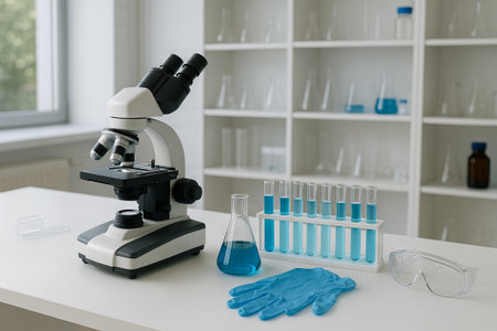 Scientific laboratory workspace with microscope, test tubes, glass beaker, gloves, and safety...