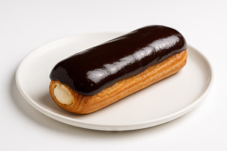 Chocolate eclair on a white plate in minimalist style. concept of delicious dessert, french pastry,...