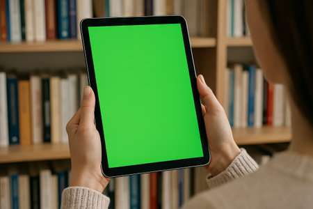Woman holding tablet with green screen in front of bookshelf background for digital content mockup....