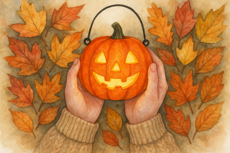 Watercolor illustration of hands holding a jack-o-lantern surrounded by autumn leaves. concept of halloween, fall celebration, seasonal decoration.の写真素材