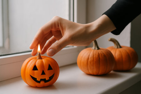 Jack-o-lantern candle burning on window sill with pumpkins in autumn decor. concept of halloween, fall atmosphere, cozy home decoration.の写真素材