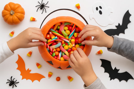 Children enjoying a halloween candy feast surrounding spooky decor and pumpkin basket. concept of...