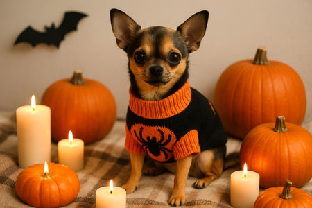 Chihuahua in halloween sweater surrounded by pumpkins and candles creating cozy autumn atmosphere. concept of pet halloween costume, festive canine, seasonal decor.の写真素材
