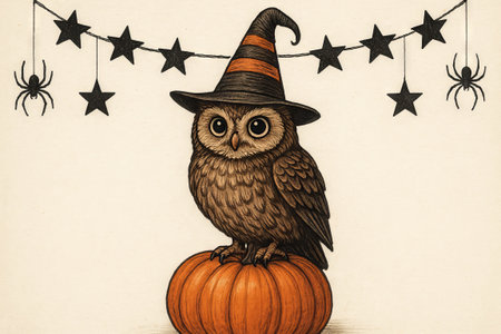 Illustration of owl wearing a witch hat sitting on halloween pumpkin with star and spider garland. concept of halloween decor, spooky season, festive celebration.の写真素材