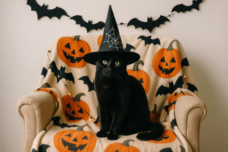 Black cat in witch hat sitting on pumpkin-decorated chair during halloween celebration. concept of...