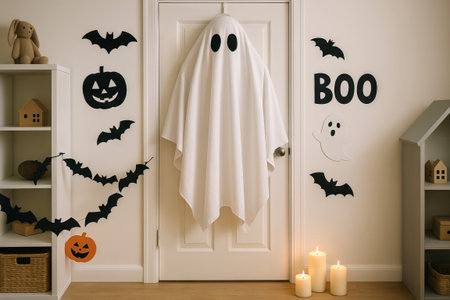 Spooky ghost hanging on door with halloween decorations including bats and pumpkins. concept of...