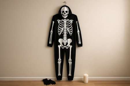 Skeleton costume hanging on wall in minimalist room with candle and gloves. concept of halloween decor, spooky costume display, minimalist decorating.の写真素材
