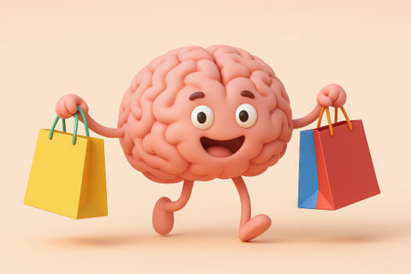 Cheerful cartoon brain character holding shopping bags on pastel background. concept of brain...