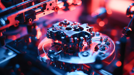 Modern engineering excellence in high-precision mechanical component printing under neon lights. concept of advanced manufacturing, futuristic innovation, precision technology, industrial design.の写真素材
