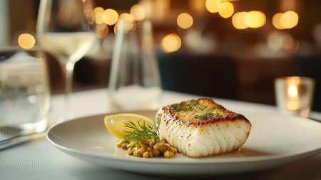 Golden grilled fish on elegant white plate with lemon slice and herbs in fine dining setting....