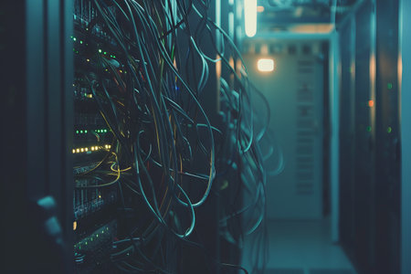 Minimalistic image of tangled internet wires in a data center. concept of connectivity, networking,...