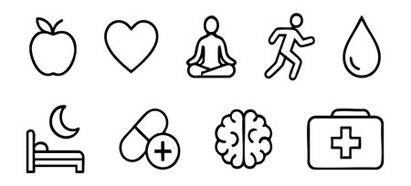 Set of health and wellness icons including apple, heart, yoga pose, runner, water drop, sleeping bed, pills, brain, and first aid kit, isolated on white background, black outline.のイラスト素材
