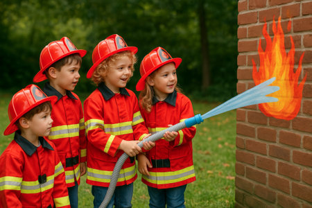 Children playing firefighters in red uniforms spraying water on brick wall with painted flames outdoors. concept of childhood imagination, role-playing, teamwork.の写真素材