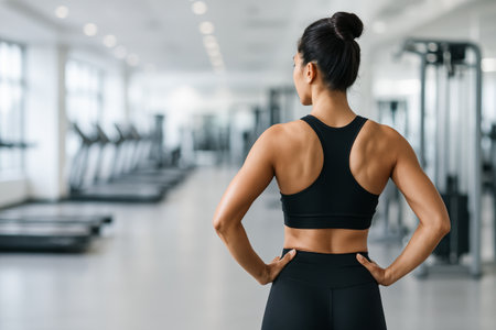 Confident gym enthusiast woman in modern fitness center wearing athletic outfit. concept of exercise motivation, fitness goals, healthy lifestyle commitment.の写真素材