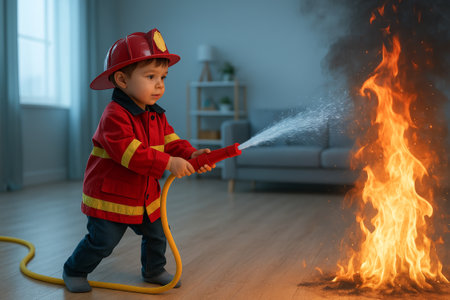 Young child dressed as firefighter playing adventure game extinguishing flames indoors. concept of imaginative play, child development, heroic role.の写真素材