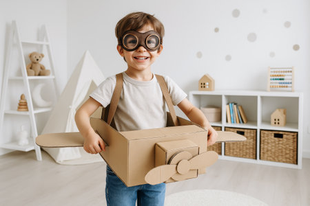 Young boy joyfully engaged in imaginative pilot play with cardboard airplane in cozy playroom. concept of creativity, childhood play, indoor fun.の写真素材