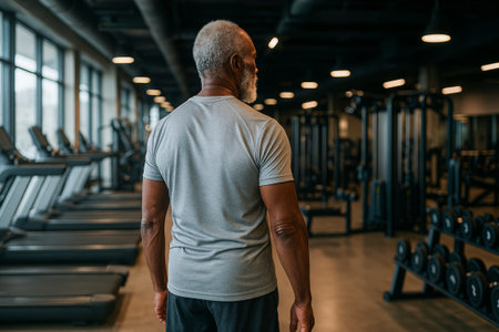 Fit african american elderly man in gym engaging in healthy exercise routine surrounded by modern fitness equipment. concept of healthy lifestyle, senior fitness, active aging.の写真素材
