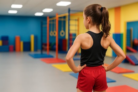 Confident young athlete child in gym setting with bright equipment and gymnastics bars. concept of fitness training, youth sports, athletic development, copy space.の写真素材